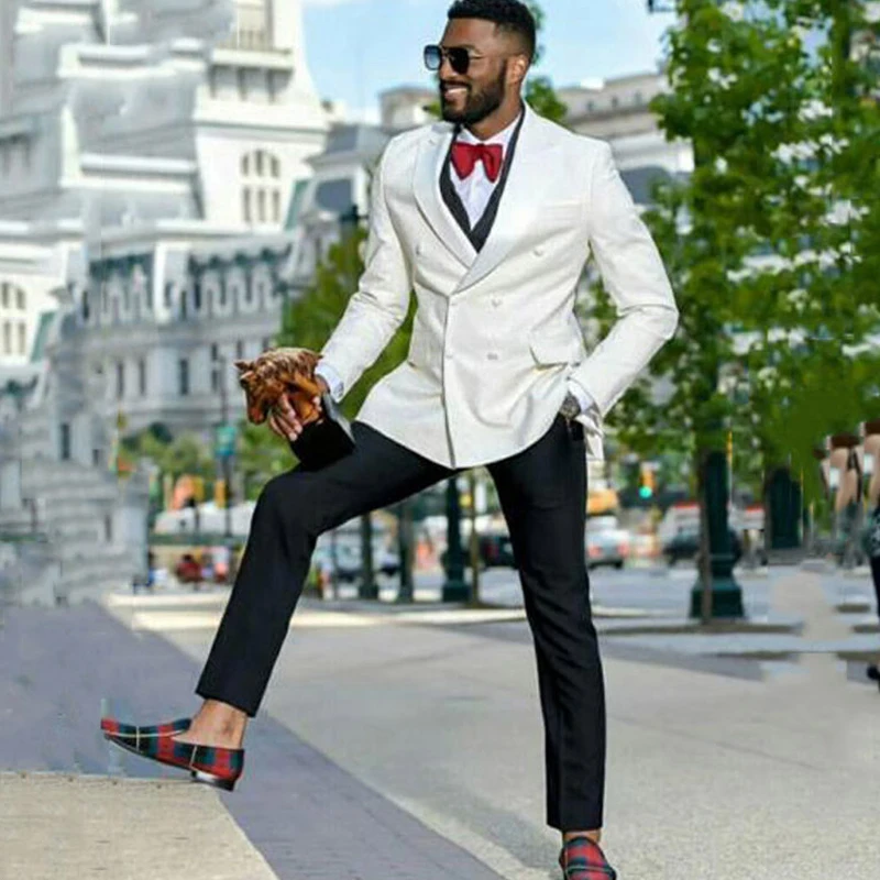 Цвета слоновой кости двубортный мужские свадебные костюмы Slim Fit жениха смокинг