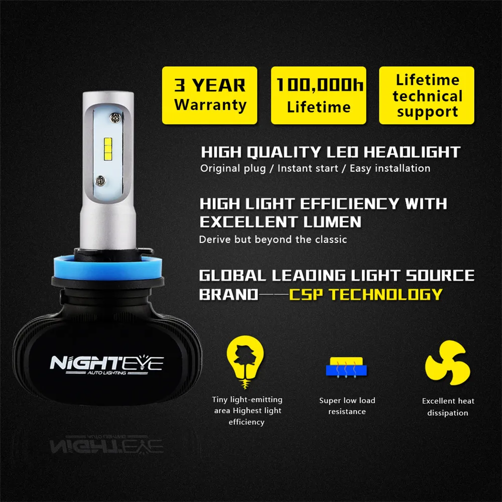 Nighteye H11 Led H7 H4 9005 9006 50 Вт 6500 лм K CSP Светодиодные Автомобильные фары комплект для
