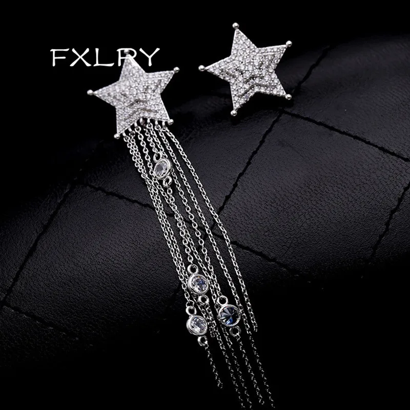 

FXLRY Luxury Jewelry Micro Paved White Color Cubic Zircon Star Long Tassel Asymmetric Earrings For Women Accessories