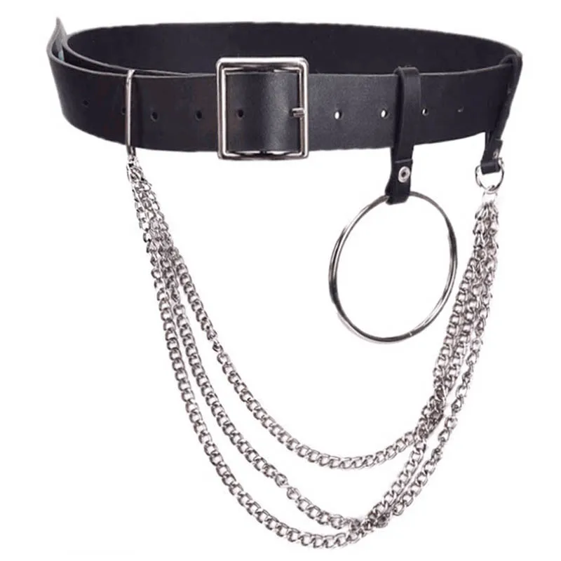 

Female Leather Belts Punk Gothic Rock Double Single Eyelet Grommet Waist Metal Chain Body Bondage Hollow Belt Accessories