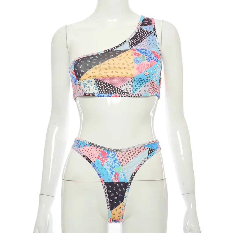 

Spring Summer Two Piece Set Women One-shoulder Sleeveless Vest Shorts Suit Female Print 2 Piece Sets Club Outfits Streetwear