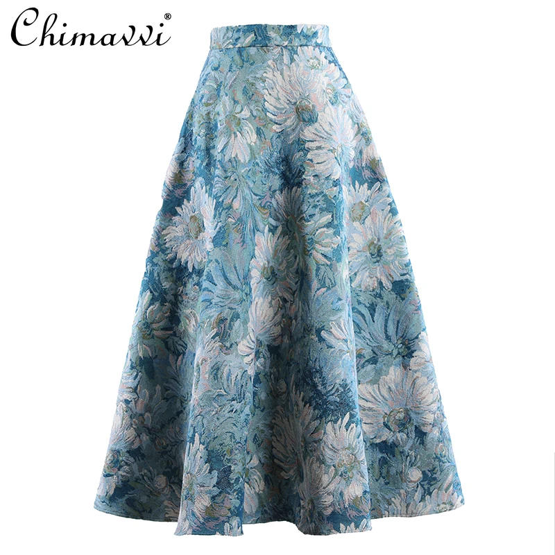 

Винтажная модная длинная юбка с цветочным принтом женская Жаккардовая юбка с высокой талией трапециевидная универсальная облегающая юбка