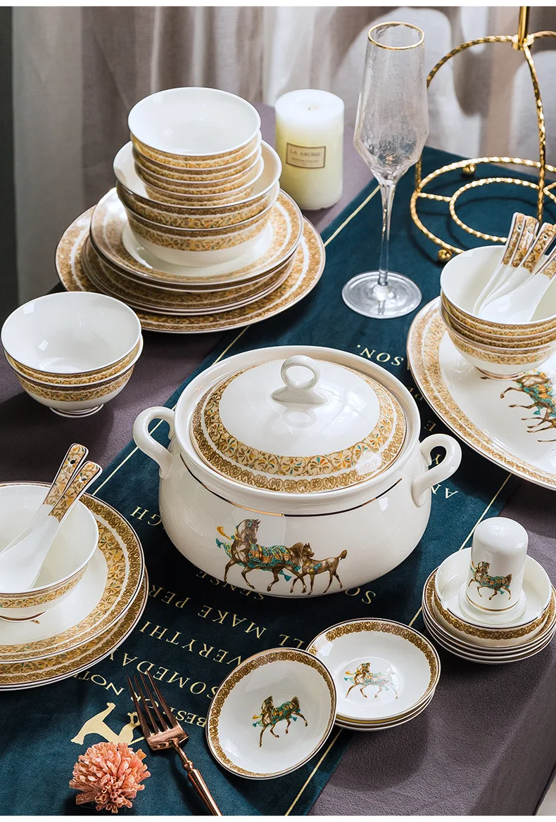 

Jingdezhen bone porcelain dishes set ceramic tableware plate chopsticks European-style simple 58 head Phnom Penh