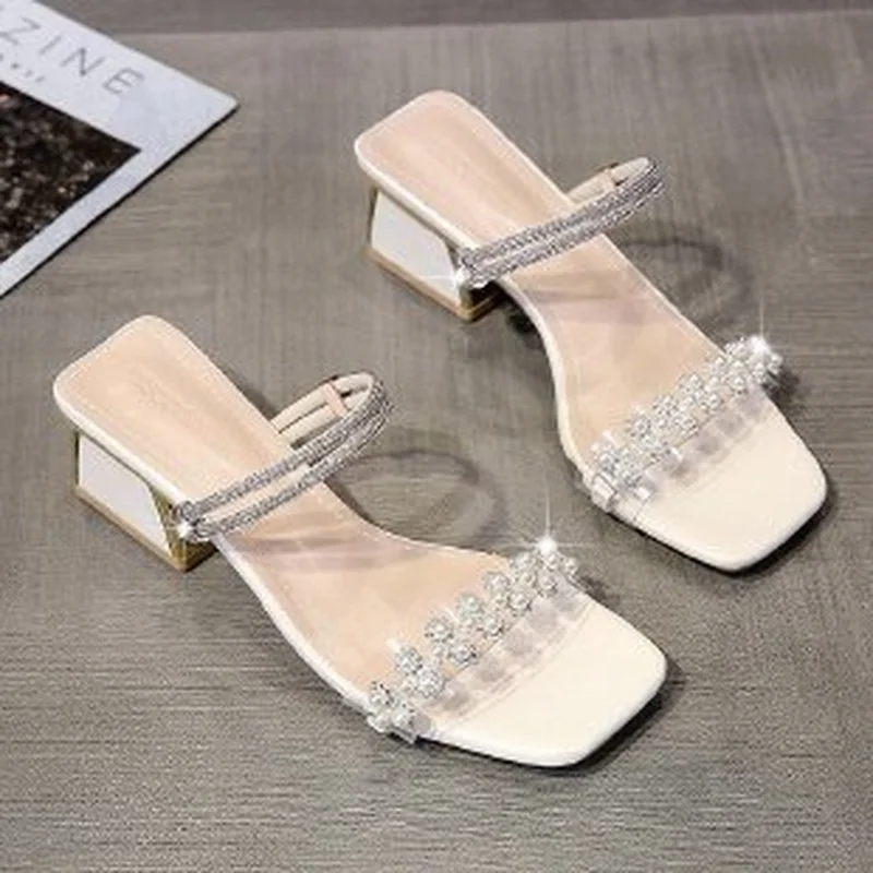 

Сандалии женские на толстом каблуке, модные босоножки с жемчугом, высокий каблук, корейский стиль, лето 2021