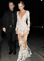 2020 evening dress celebrity dresses sheer ivory lace appliques over illusion nude tulle long sleeve prom party gowns