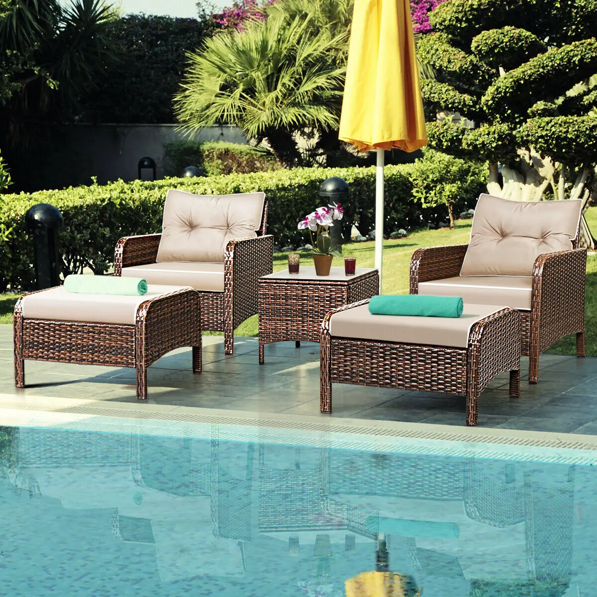 

Costway 5 PCS Rattan Wicker Furniture Set Sofa Ottoman W/Brown Cushion Patio Garden Yard HW54520CF+