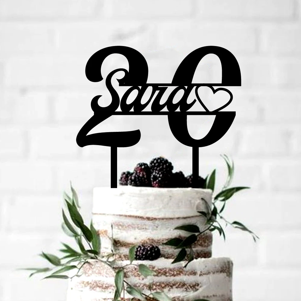 Топпер для торта на день рождения с именем и возрастом, акриловый черный персонализированный декор для вечеринки на 20-й день рождения, подар...