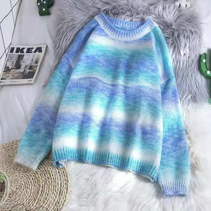 

Japanese Color Sweater Ladies Pullover 2021 New Style Lazy Wind Rainbow Stripe Fall / Winter Women Flare Sleeve Regular