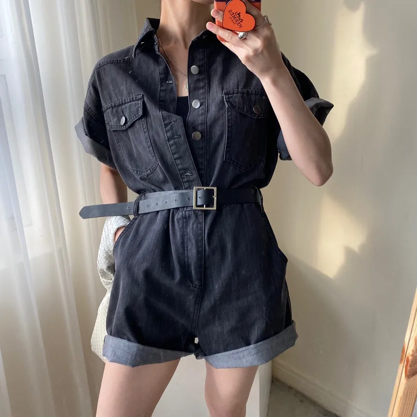 

Alien Kitty Summer Short Sleeves Rompers Outwear New Chic Sweet Casual Femme All Match Jeans Loose Denim Playsuits With Sashes