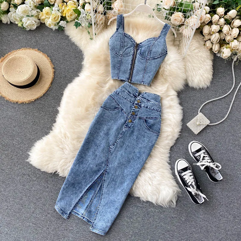 Summer Women Two 2 Piece Set Sexy V-Neck Jeans Vest+High Waist Button-up Denim Skirts Korean Style Office Lady Sleeveless Suits
