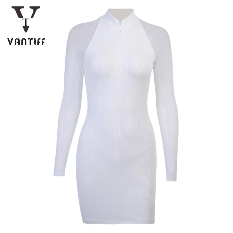 

Streetwear Bodycon Women Dress New Solid Slim Dress Women's Gauze Long Sleeves Half Open Neck Zipper Skirt for Female Party