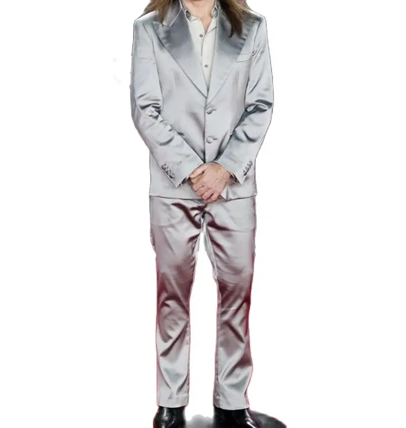 

High Quality Satin Silver Peak Lapel Single Breasted Men Suit 2 Pieces Formal Costume Homme Wedding Wear For Dinner Party Tuxedo