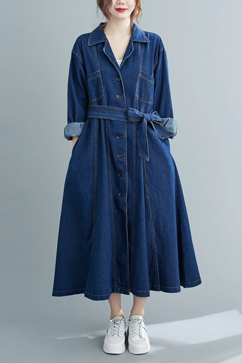 

Washed Denim Windbreaker Women's 2021 New Lace-up Waist Skirt Cardigan Long-sleeved Single-breasted Lapel Double-pocket Jacket