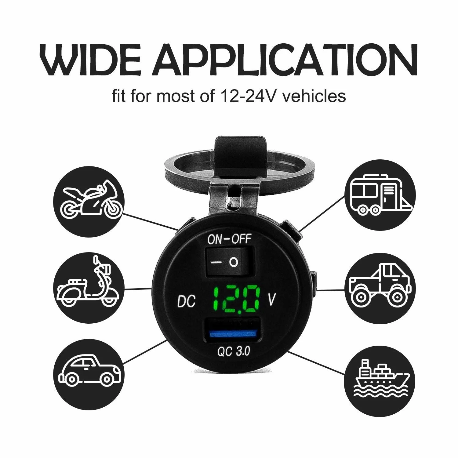 12V/24V QC3.0 Waterproof USB Fast Car Charger Socket Power Adapter Outlet With Switch and Voltmeter gauge for Boat Motorcycle |
