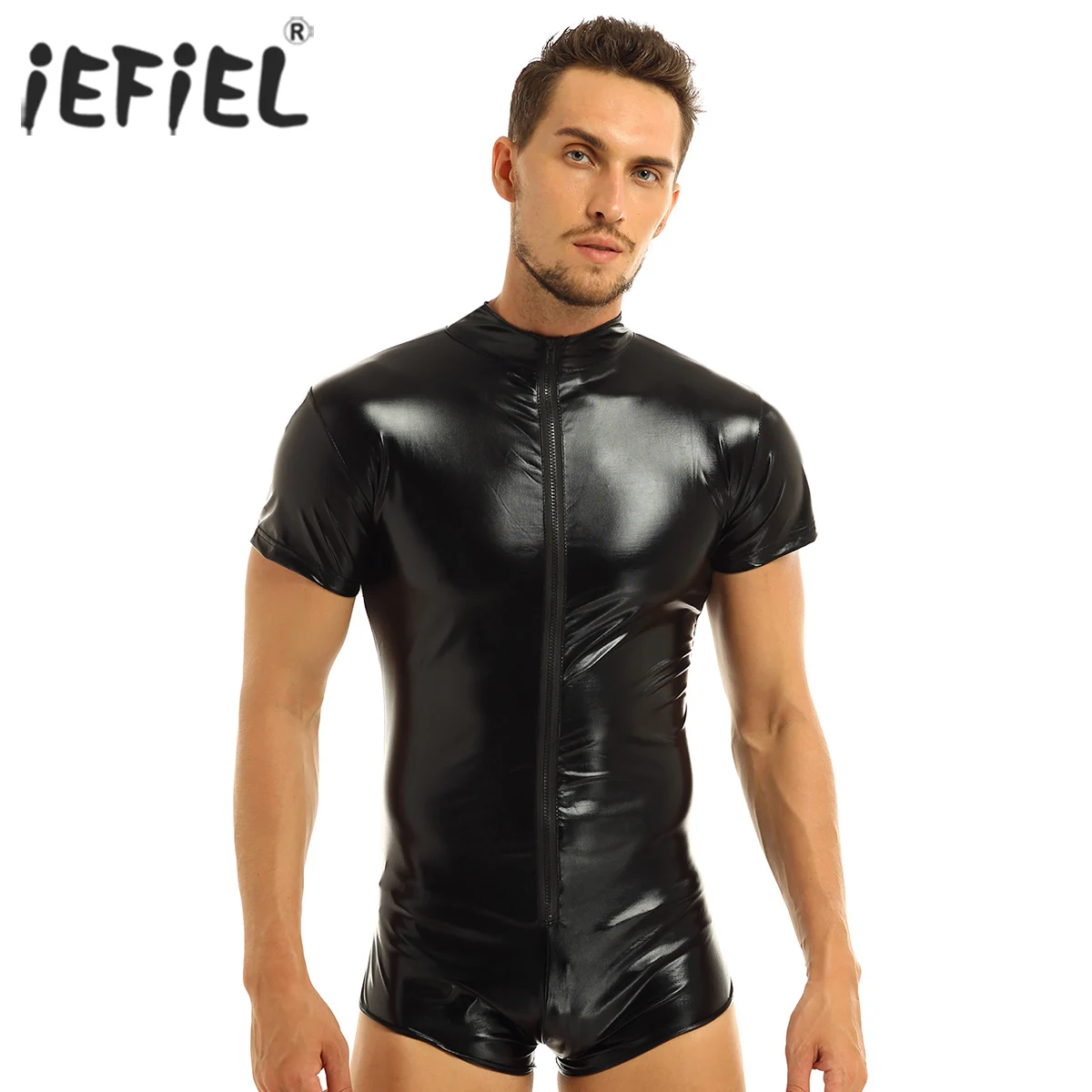 

Fashion Moto Mens Lingerie Teddies Bodystocking Faux Leather Zipper Jockstraps Pouch Leotard Bodysuit Underwear Sexy Clubwear