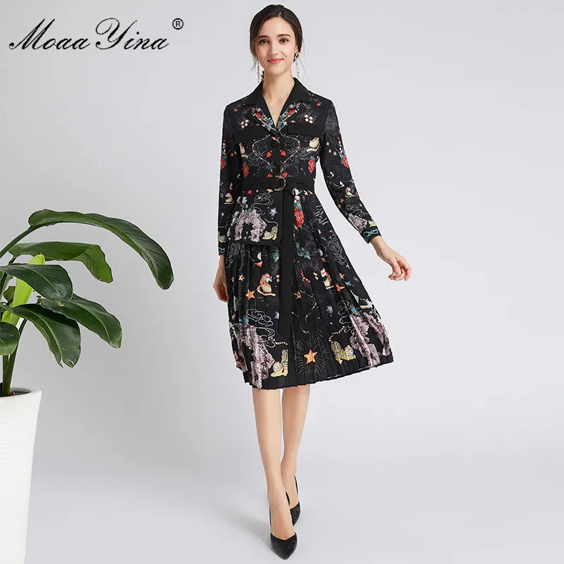 MoaaYina Fashion Designer dress Spring Autumn Women's Dress Long sleeve Lace-Up Print Elegant high quality Dresses | Женская одежда