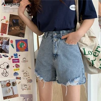 denim shorts women pockets teens streetwear korean vintage high waisted ins ladies trouser summer chic stylish all match simple