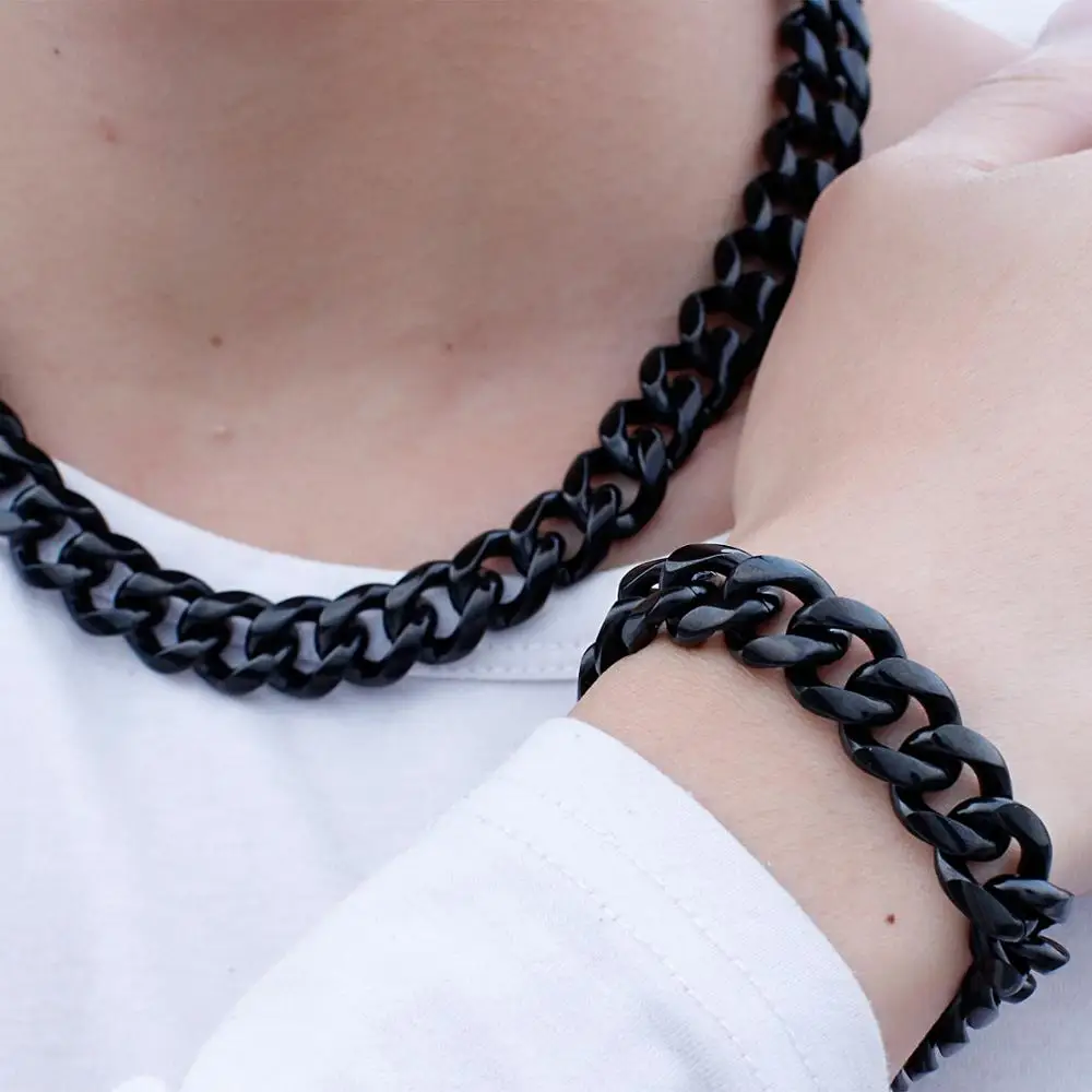 

13mm Big Curb Cuban Chains Necklace & Bracelet Men Stainless Steel Male Jewelry