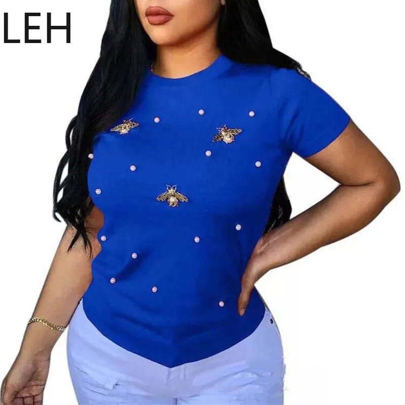 LEH женская футболка с коротким рукавом летняя жемчугом и бусинами Женская