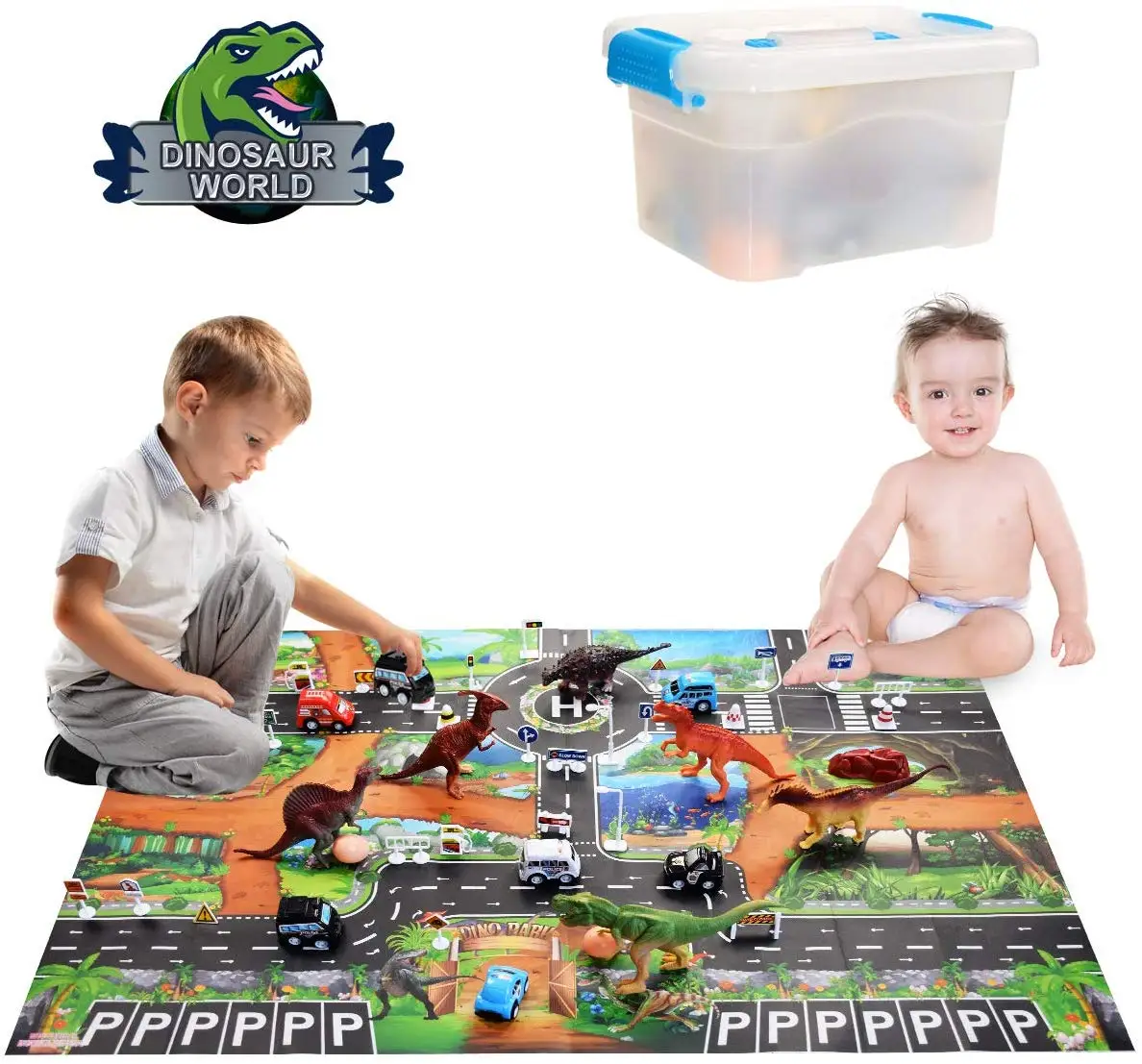 

Детский развивающий реалистичный игровой набор с динозаврами 42 шт./компл., игрушечный дорожный Дорожный Коврик с натяжными автомобилями, по...