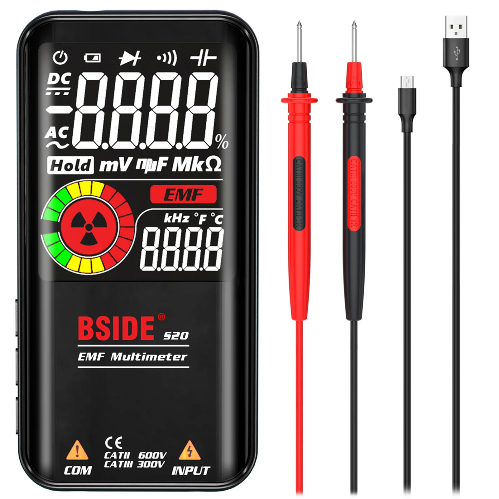 

BSIDE S20 EMF Multimeter Electromagnetic Radiation Detector 9999 Counts Range Radiation Monitor AC/DC Voltmeter Ohmmeter Test