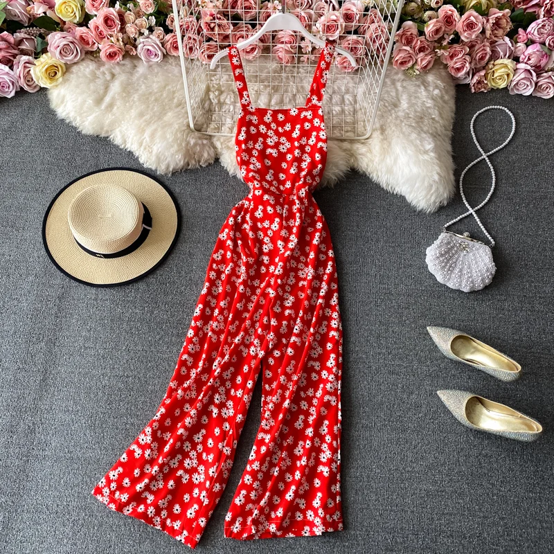 

2021 Vintage Boho Floral Print Jumpsuit Summer Full Length Sexy Spaghetti Strap Bandage Women Playsuit Backless Beach Romper