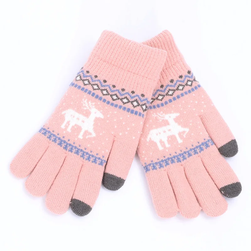 Pink Winter Female Winter Vintage Deer Knitted Gloves Women Thicken Touch Screen Gloves Winter Warm Snow Elk Full Finger Mittens - Цвет: Pink