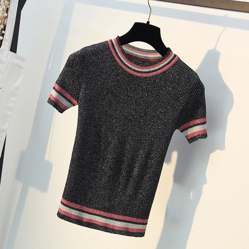 

Женский трикотажный топ с блестками, Повседневная Свободная футболка с коротким рукавом и круглым вырезом, YY503, весна-лето 2019