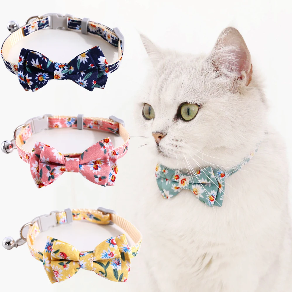 

Breakaway Cat Collar Bell with Bowtie Floral Patterns Adjustable Safety Flower Kitten Collars for Pets Puppy Dogs Spring Design