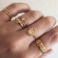 7pcs set boho retro golden virgin totem pattern hexagon star ring set women summer banquet dress jewelry accessories