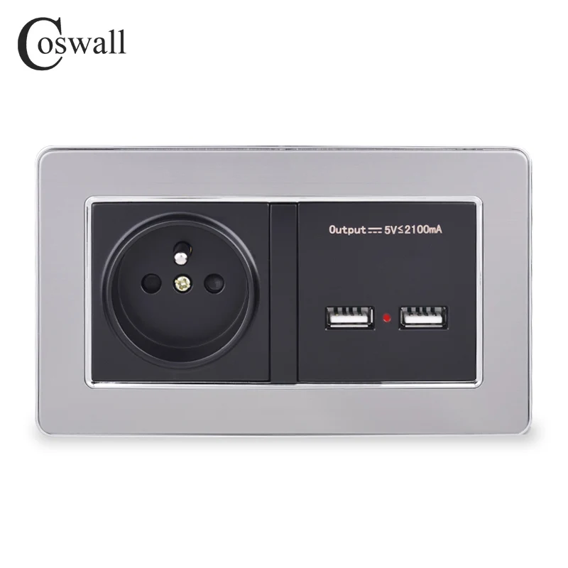 Black COSWALL настенная розетка, французский стандарт, розетка с двумя USB, умный индукционный порт зарядки, 5 В, 2.1A выход, панель из нержавеющей стали - Тип: Black