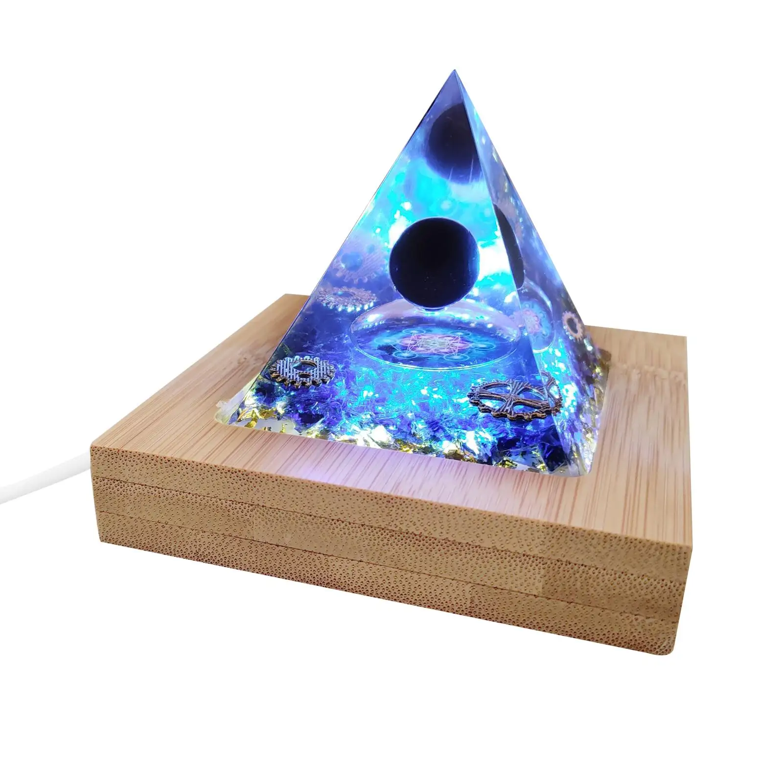 

Gemstone Orgone Pyramid w/ LED Light Wooden Base Natural Quartz Blue Crystal Obsidian Globe Stone Decoration Ornament