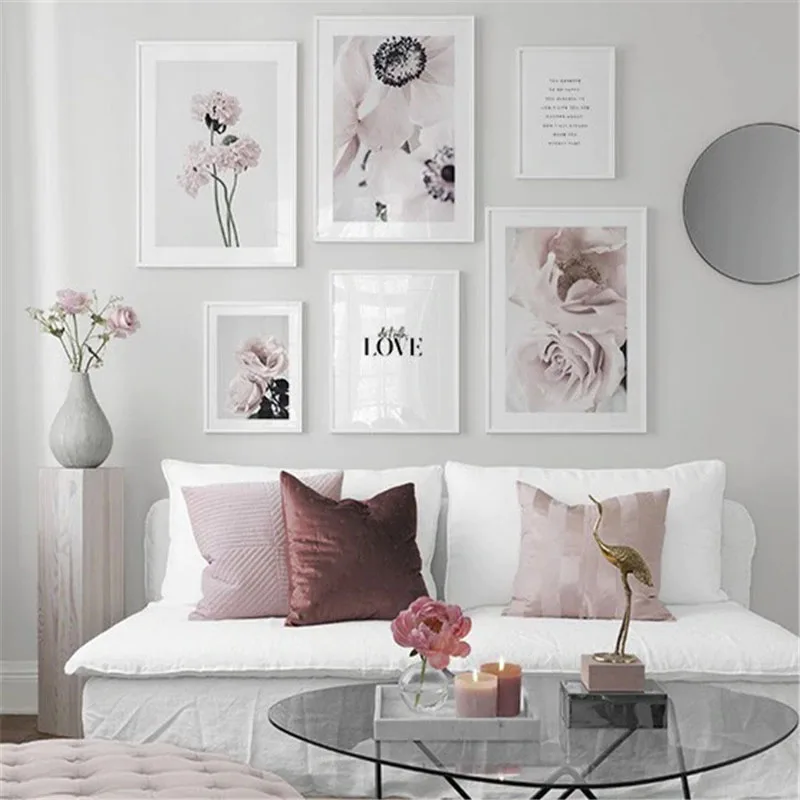 

Nordic Simple Fashion Poster Pink Fresh Bouquet Stamen English Combination Living Room Wall Decoration Frameless Printing Mural