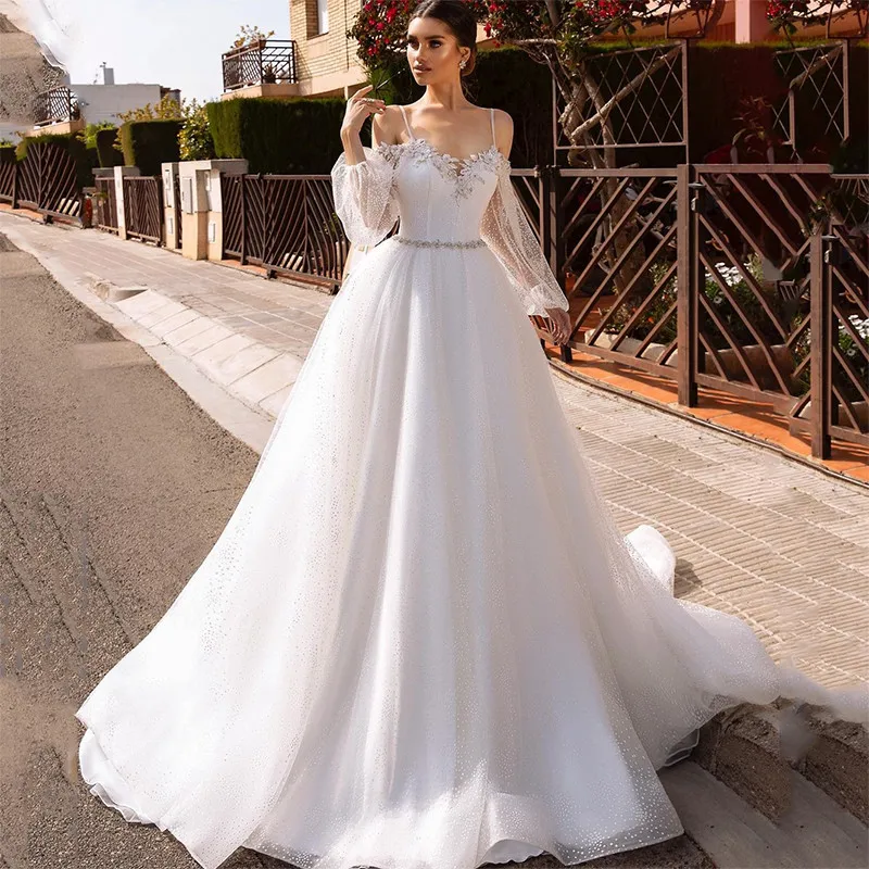 

Couture Luxury Wedding Dresses 2021 Glitter Tulle Vintage Bride Dress Custom Made Puff Sleeve Wedding Gowns Lace Crystals Bodas