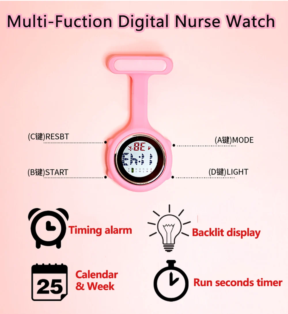 Nurse Pockets Watch Women's Round Digital Display Dial Clip Fob Brooch Pin Hang Electric Silicone Watch New Fob Watches 1Pc