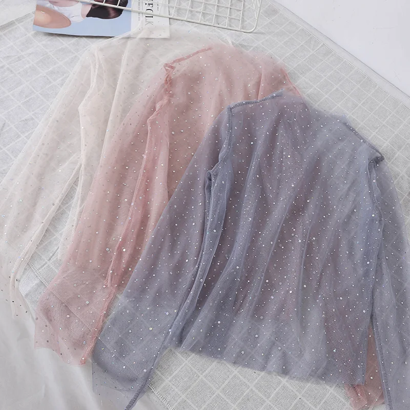 

2023 Summer Women Half High Collar Basic Shirt Lady Elastic Slim Bling Sequined Solid Mesh Gauze Pullover Chic Lace Blouse Tops