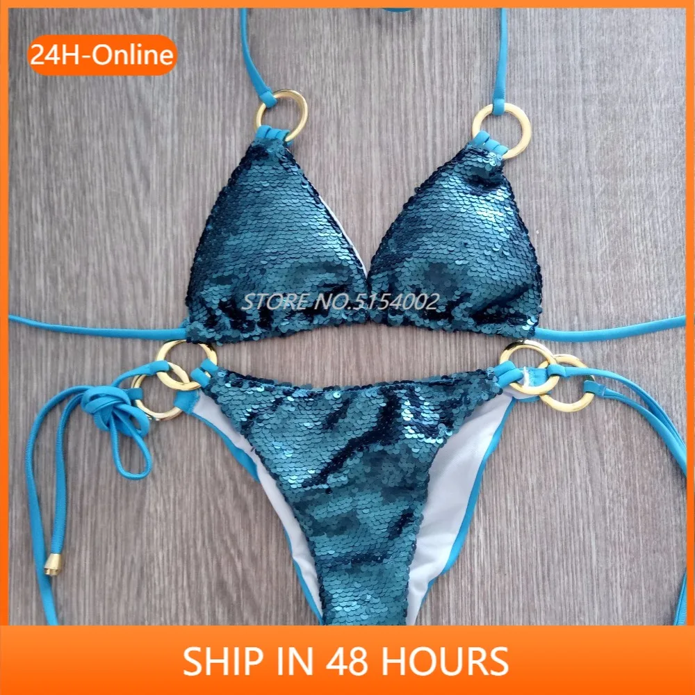 

Купальный костюм женский из двух предметов с блестящими кольцами и бикини