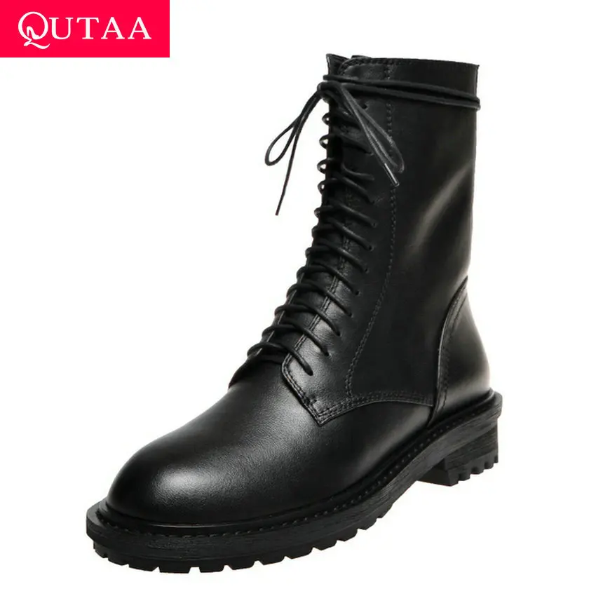 QUTAA/ г. Осенне-зимняя женская обувь для отдыха на шнуровке, на молнии, с круглым носком Модные ботильоны из коровьей кожи на среднем каблуке размеры 34-39