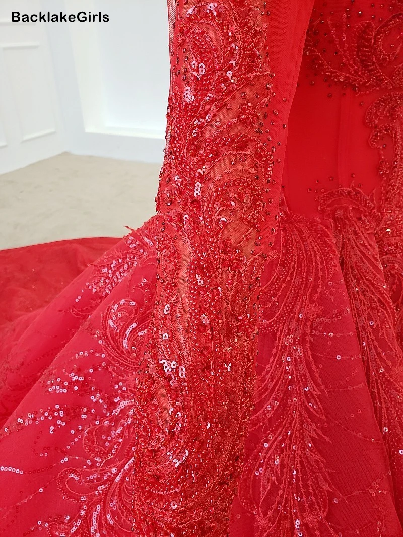 Роскошные красные свадебные платья принцессы с длинным рукавом из тюля