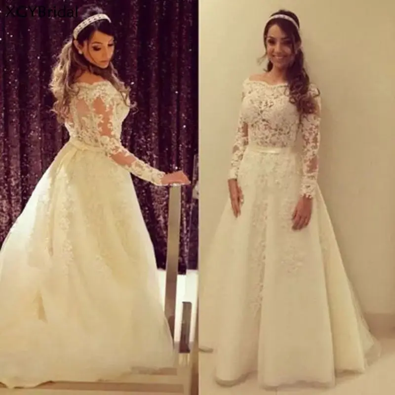 

Newest A Line Muslim Wedding Dresses Tulle Lace Appliques Wedding Gown Bridal Long Sleeves Boho Dubai Arabic Vestido De Noiva