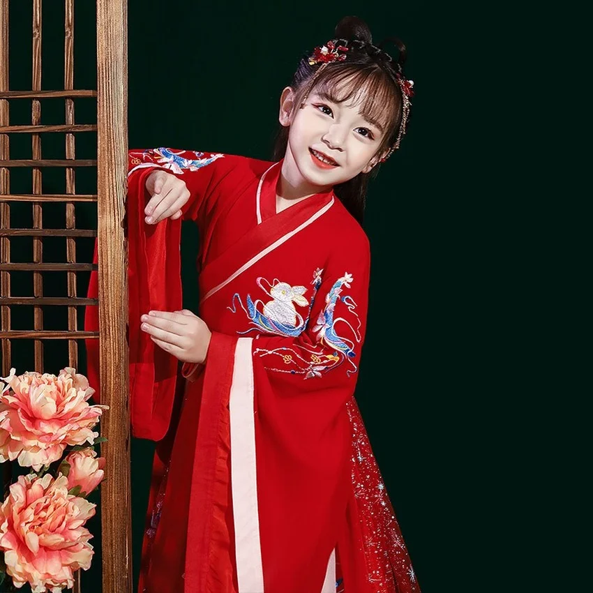 

Chinese Traditional Hanfu for Girls Dance Performance Stage Festival Cosplay Embroidery Fairy Costume Baby Girls Dress Red 2021