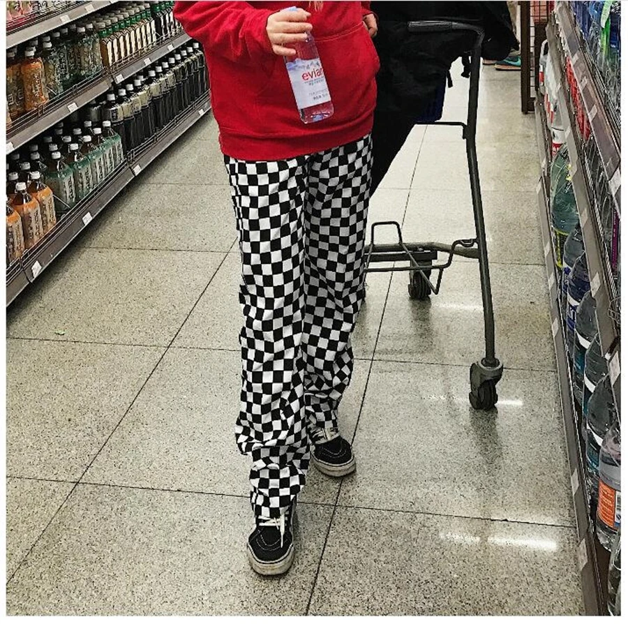 Брюки женские клетчатые прямые с завышенной талией свободные спортивные штаны в