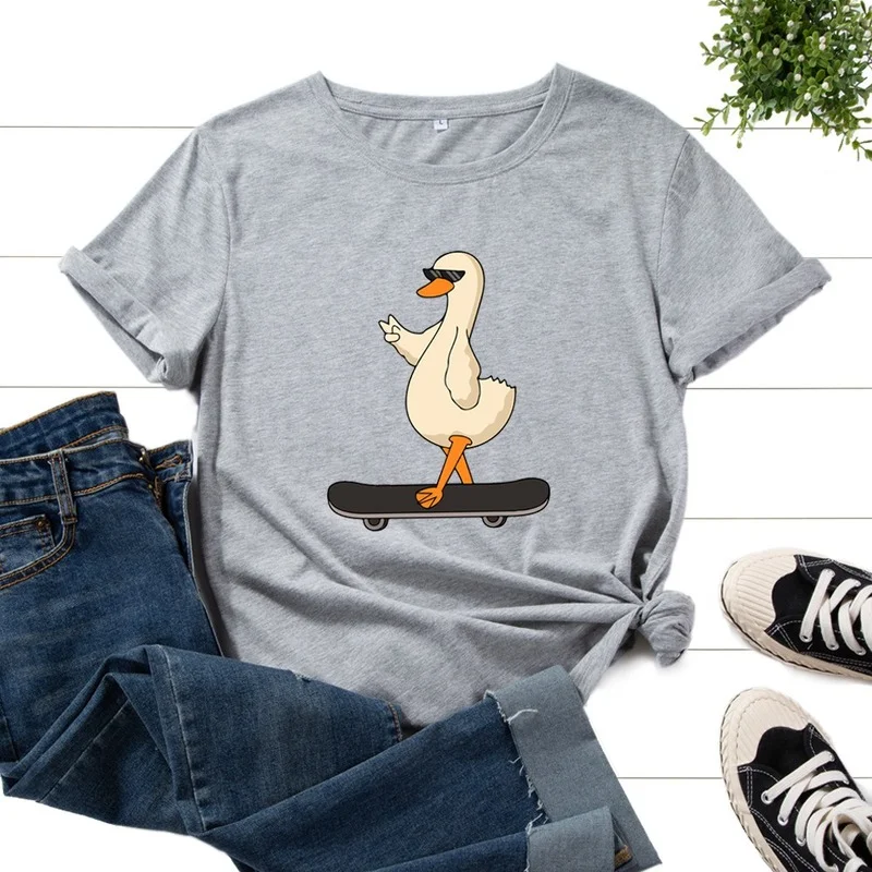 

Female Summer Short Sleeve T-shirt Duck Skateboarding Print Women Casual Fashion Graphic Streetwear Ladies Daily O-Neck Tee Tops
