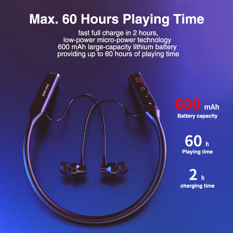 

60h NEW LED display fone Bluetooth Headphones Wireless Neckband True Earphones Stereo Sports Headphones With FM radio Headset