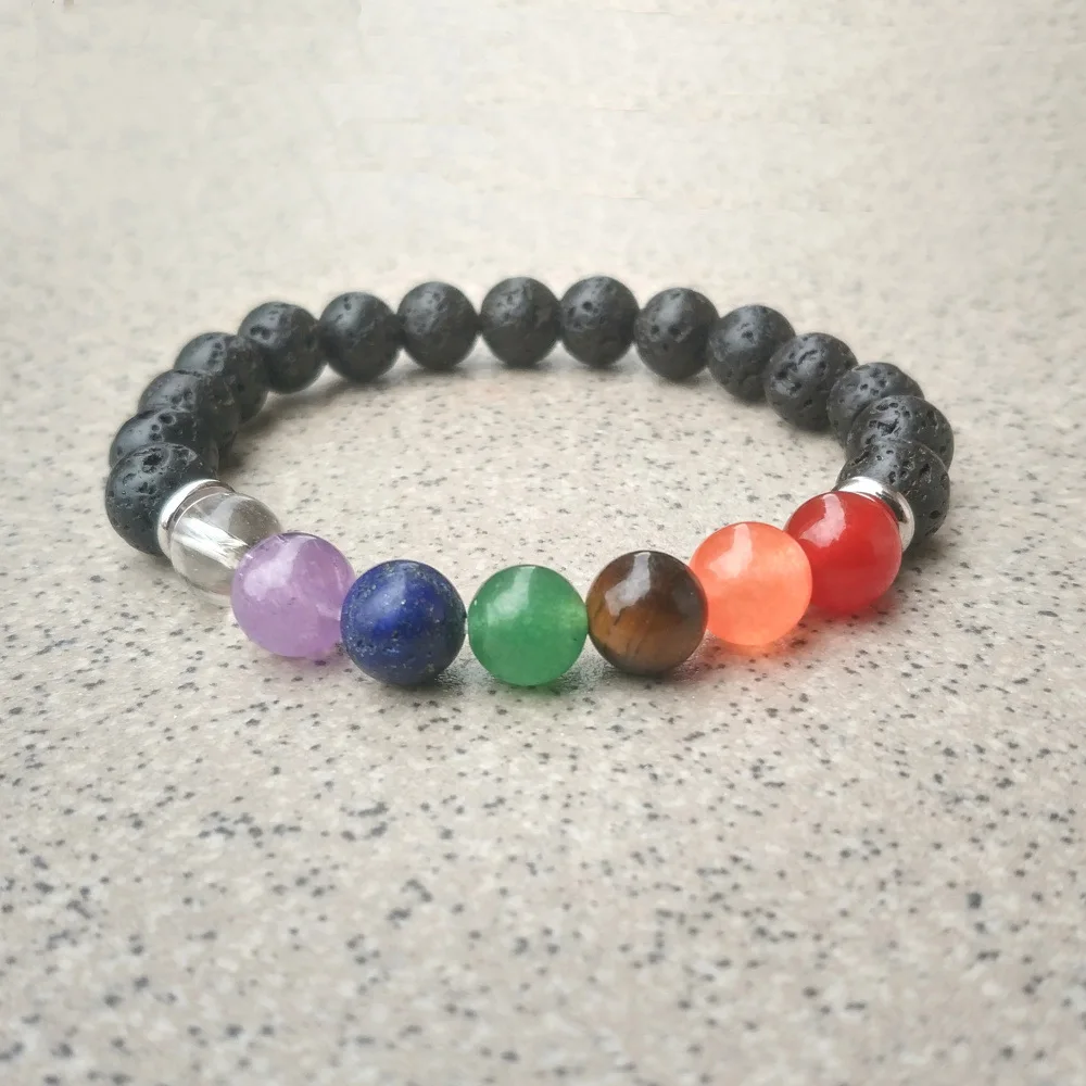 

Seven Chakras Reki Charms 8mm White Black Lava Stone Beads DIY Aromatherapy Essential Oil Diffuser Bracelet Yoga Strand Jewelry