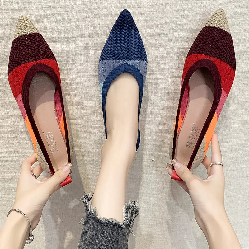 Pointed Shallow Shoes Women Flat Shoes Knit Moccasin Mixed Color Ballet Woman Soft Single Shoe Breathable Mujer Zapatos De 35-40