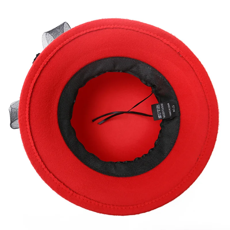 Винтажные красные шерстяные фетровые шляпы 2019 года для женщин, классическая сетчатая пряжка с пером, цветок, боулер-шляпа, модный федора-кепка для леди.