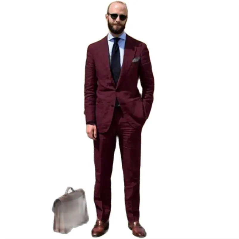 

New Design Burgundy Men Suit For Wedding Slim Fit Groom Tuxedo Blazer Wedding Suits Groomsmen Suit Tuxedos (Jacket+Pant)