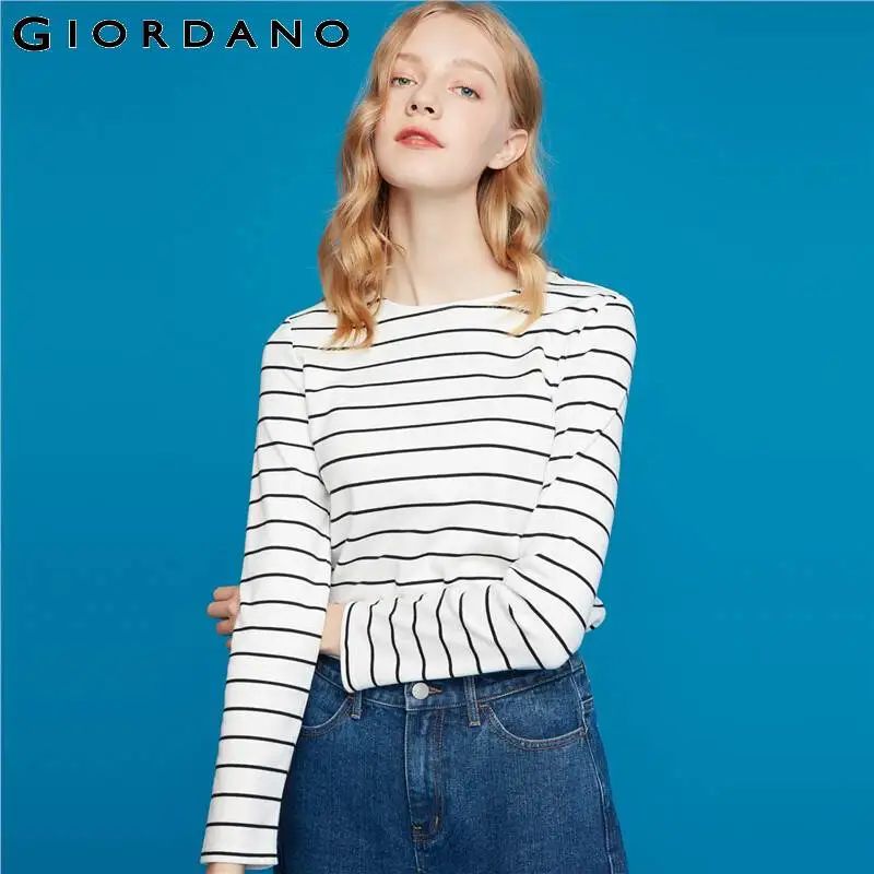 Giordano Женская Футболка женская хлопковая футболка с длинным рукавом Тонкая полосатая черная женская футболка De Moda 05329799