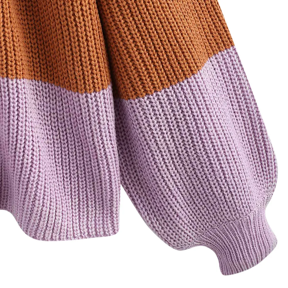 ZAFUL Color Block Stripes Pullover Sweater Women O-Neck Oversize Sweaters Lantern Sleeve Warm Pullovers Autumn Winter Loose Tops | Женская